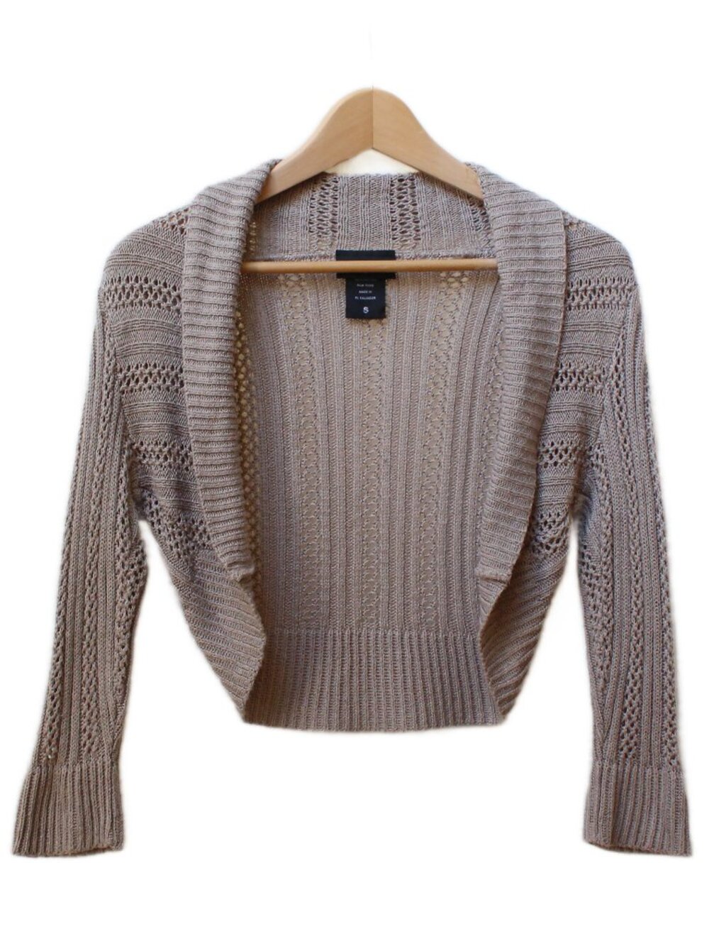 It's Our Time Beige Open Knit Pointelle Cropped Shrug Cardigan S